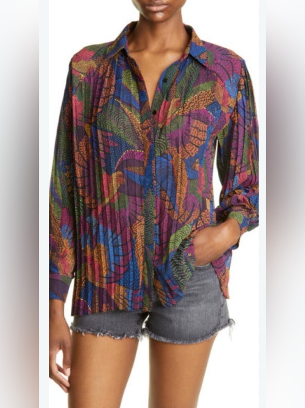 FARM Rio Blouse Dotted Macaws Pleated Sheer Button-Up Blouse  small